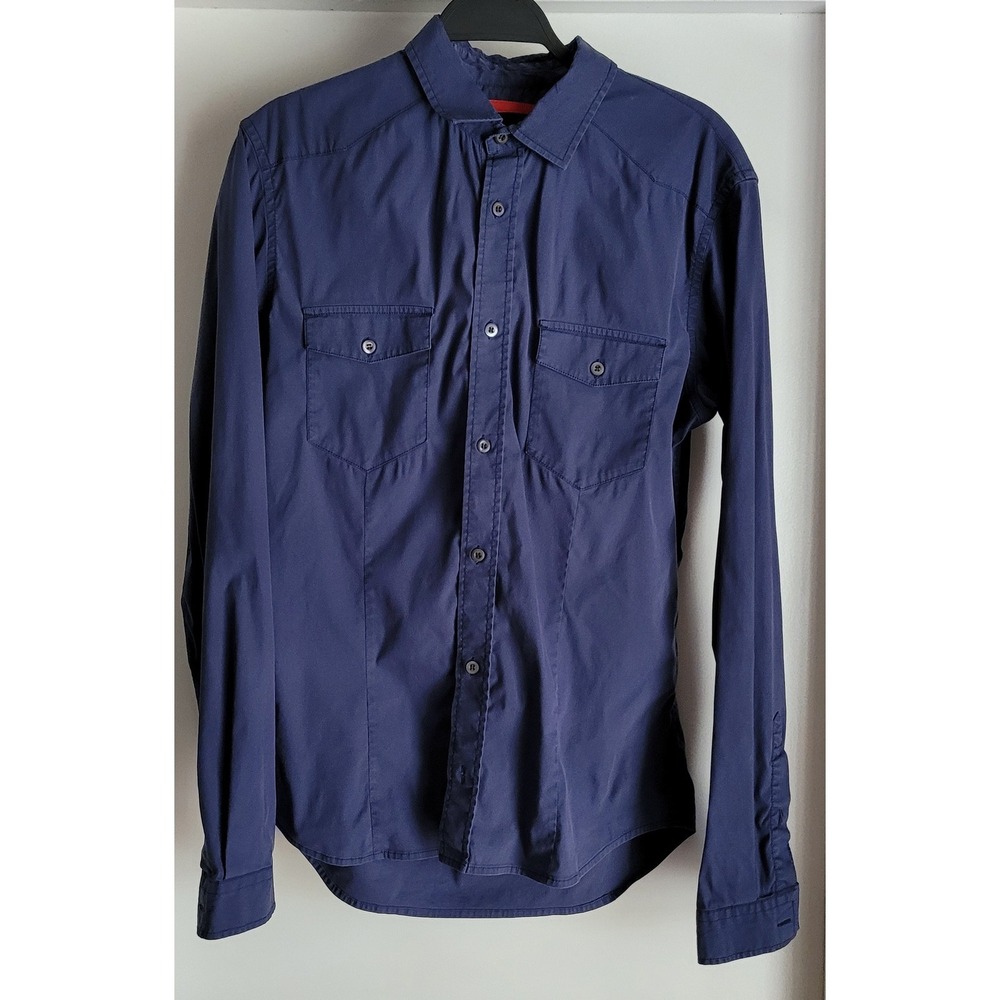 Prada Men Long Sleeve Button-Up Shirt Size 41 Blue Solid Cotton Button-Down